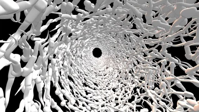 Animation of a tunnel of sperm on a black screen. Concept of family eruption in the vagina. Stock 3D video of a child being conceived in 4K.