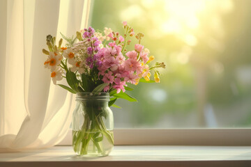 Flowers in jar. Beautiful fresh spring bouquet. Generative AI