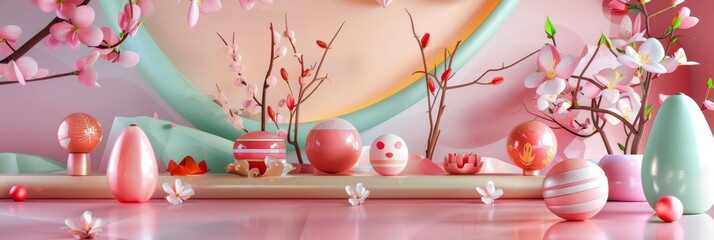 A pink and white background with pink and white flowers and branches. There are also some white and pink spheres and ovals on the table.