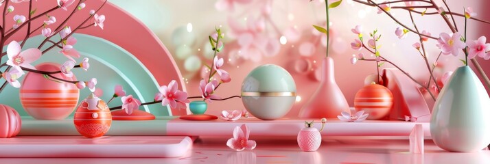 A pink and mint green background with pink and mint green vases and bowls sit on a pink table. The vases and bowls are arranged in front of a large branch of pink cherry blossoms.