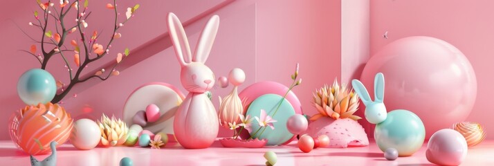 Pink background with pink, blue, and white eggs. A pink bunny sits in the middle with two smaller bunnies on either side.