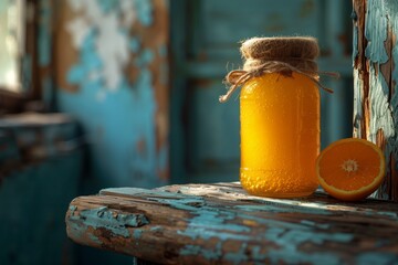 A Mason jar of orange liquid sits next to a fruit on a wooden table - obrazy, fototapety, plakaty