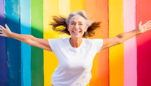 Gl&uuml;ckliche Seniorin vor Regenbogenfarben 