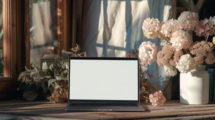 Foto op Plexiglas anti-reflex Laptop computer with blank screen. Dried hydrangea flower bouquet on wooden table. Minimal online shop, store, social media template with mockup copy space © Ahtesham