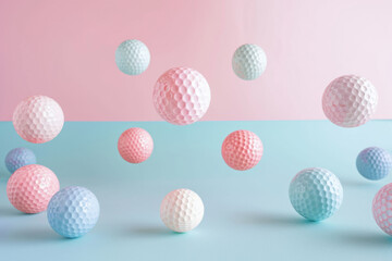 Golf balls in pastel colors falling down. Generative AI