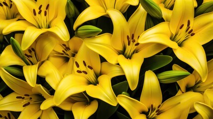 Background of green leaves and yellow lily flowers. Juicy bright foliage.The texture of large leaves and buds. Beauty is in nature.
