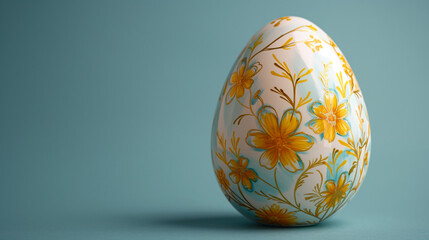 Easter egg with yellow floral pattern on blue background with copyspace