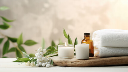 Fototapeta na wymiar beauty treatment items for spa procedures on white wooden table. massage stones, essential oils and sea salt. copy space salon
