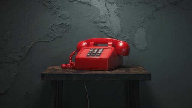 Red retro vintage telephone ringing off on dirty table in an old abandoned building. 3d animation