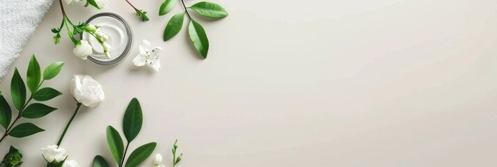 The image shows a white background with a white open jar of cream and green leaves and white flowers scattered on the left side of the banner.