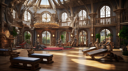 A gym interior for an enchanted castle fitness center, with castle-inspired workouts and fairy tale decor.