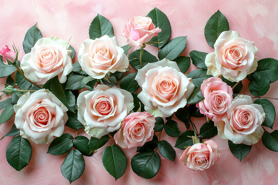 Floral white and pink roses flowers botanical pastel background
