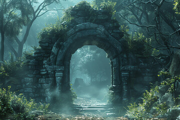 An ancient stone portal runes etched along its frame glowing with a pulsating blue energy in the heart of an enchanted forest mist swirling around