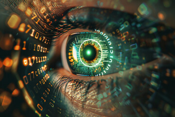 Fototapeta na wymiar An iris scanner projecting binary code onto an eye symbolizing high tech security with digital encryption swirling around