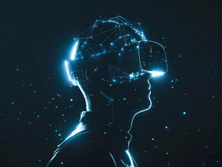 An outline of a human head and shoulders illuminated with a constellation of blue lights featuring a VR interface symbolizing the fusion of humans and futuristic tech