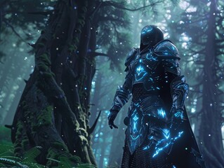 Ethereal knight in mystical forest glowing runes on armor ancient trees towering
