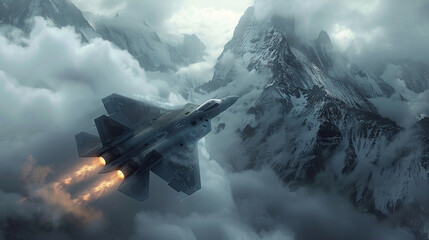 Cinematic scene of advanced fighter jets maneuvering through a rugged mountain landscape with close up action of afterburners glowing and missiles launching - obrazy, fototapety, plakaty