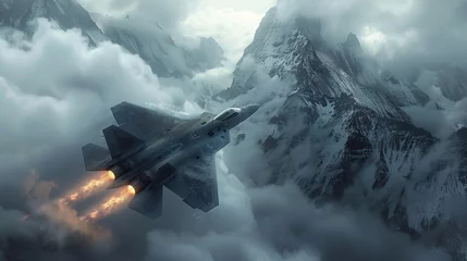 Poster Cinematic scene of advanced fighter jets maneuvering through a rugged mountain landscape with close up action of afterburners glowing and missiles launching © Thanaphon