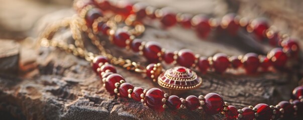 Intimate shot of Red Indian traditional jewelry the craftsmanship shining in natural light