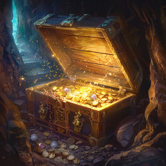 The soft glow of gold spills from an ancient treasure chest its open lid revealing jewels and coins set in a fantastical realm of magic and adventure - obrazy, fototapety, plakaty