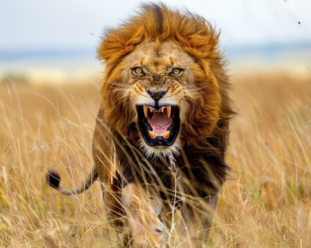 Intense gaze of a threatened lion roaring in defiance captured in a powerful documentary photograph