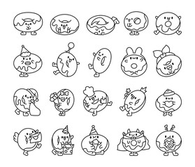 Funny donut cartoon character. Coloring Page. Adorable kawaii sweet food. Hand drawn style. Vector drawing. Collection of design elements.