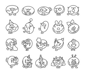 Fototapeta premium Funny donut cartoon character. Coloring Page. Adorable kawaii sweet food. Hand drawn style. Vector drawing. Collection of design elements.