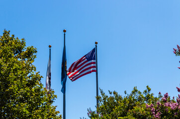 The American, Beverly Hills City, and the California state flags waving in the wind in front of Beverly Hills City Hall in Los Angeles, California, USA.