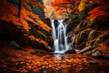 waterfall in autumn forest generated by AI technology - obrazy, fototapety, plakaty