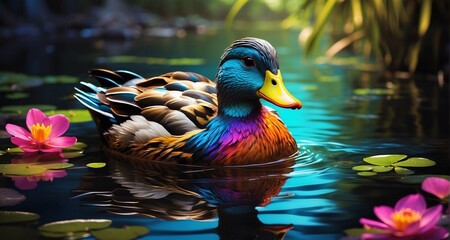 Illustrate a realistic scene of a neon-feathered duck wading in shallow water, with the vibrant colors casting a radiant glow on the surrounding flora. -AI Generative