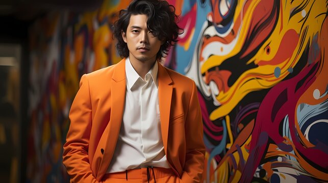 A stylish Japanese model leaning against a colorful street art mural, wearing a mix of bold primary colors in his outfit, with the image captured in high definition