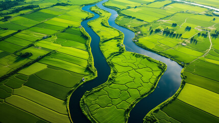 Panoramic aerial view of the landscape of the river and fields.