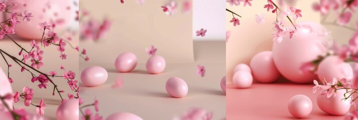 Pink eggs on a table with pink flowers.