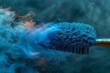 Close up shot of toothbrush with blue smoke resembling underwater cloud