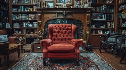 Red Chair by Fireplace in Living Room