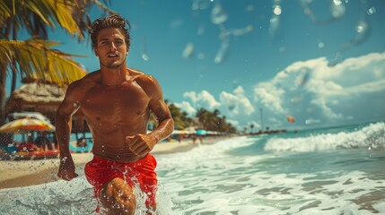 Man Running in Water on Beach