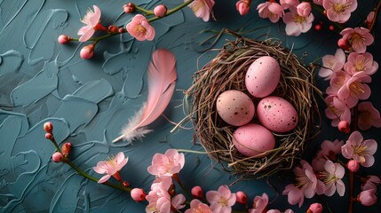 Easter eggs in a nest with pink flowers on a blue background - Powered by Adobe