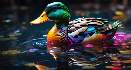 Craft an ultra-realistic image of a duck with neon-colored feathers swimming gracefully on a reflective pond. Pay meticulous attention to the intricate details of each neon-hued feather-AI Generative