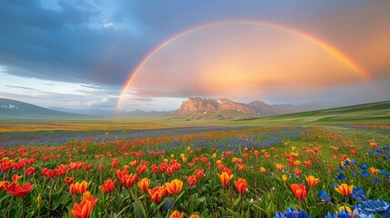 Field With Flowers and Rainbow in the Sky