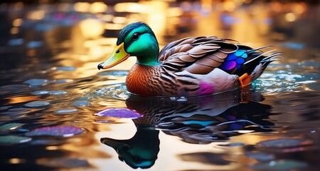 Craft an ultra-realistic image of a duck with neon-colored feathers swimming gracefully on a reflective pond. Pay meticulous attention to the intricate details of each neon-hued feather-AI Generative