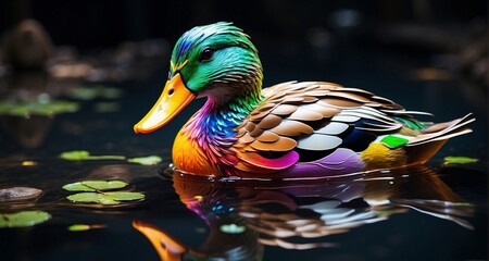 Craft an ultra-realistic image of a duck with neon-colored feathers swimming gracefully on a reflective pond. Pay meticulous attention to the intricate details of each neon-hued feather-AI Generative