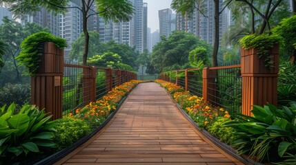 Obraz premium Wooden Bridge Surrounded by Flowers and Trees