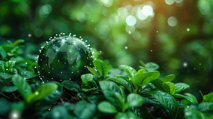 Tuinposter Earth globe with network connection on green nature background with bokeh background. Environment / Earth Day Concept © Katsiaryna