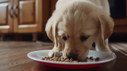 Labrador puppies eating food at home
