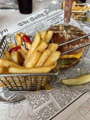 Kingman, Arizona, USA, June 22, 2022: Interior of the Mr D'z Route 66 Diner. Tasty burger with...