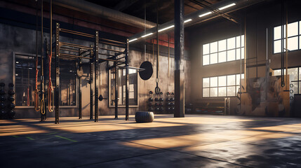 A gym interior for a CrossFit box with open space, rig system, and wall-mounted ropes.