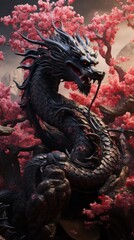 Fototapeta premium A powerful black dragon sits a top a tree adorned with vibrant pink flowers. Generative AI