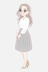 Korean adult woman full length standing. Asian anime cartoon character