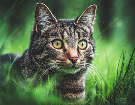 Grey tabby cat sitting in green grass pet photography