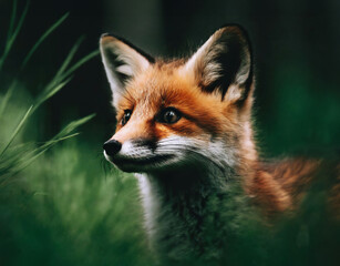 Young fox in green grass in dark forest macro photography